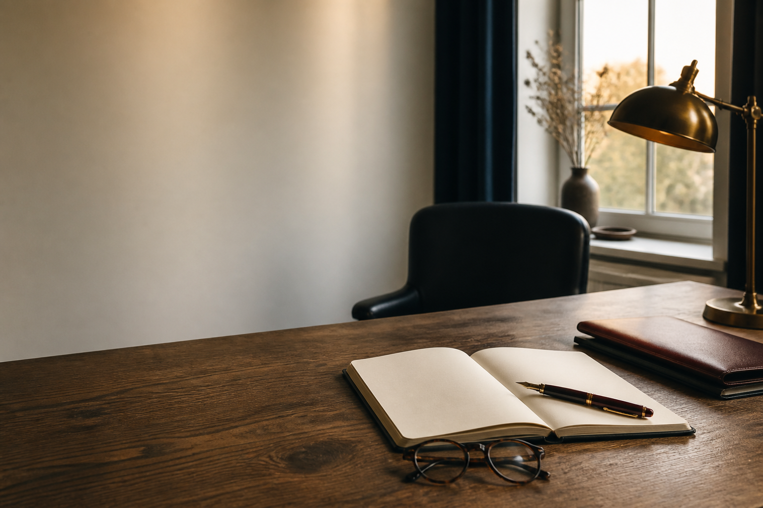 KI-generiertes Symbolbild: Unbesetzter Arbeitsplatz am Fenster mit Schreibtisch, leerem Notizbuch, Brille, Mappen und Schreibtischlampe.