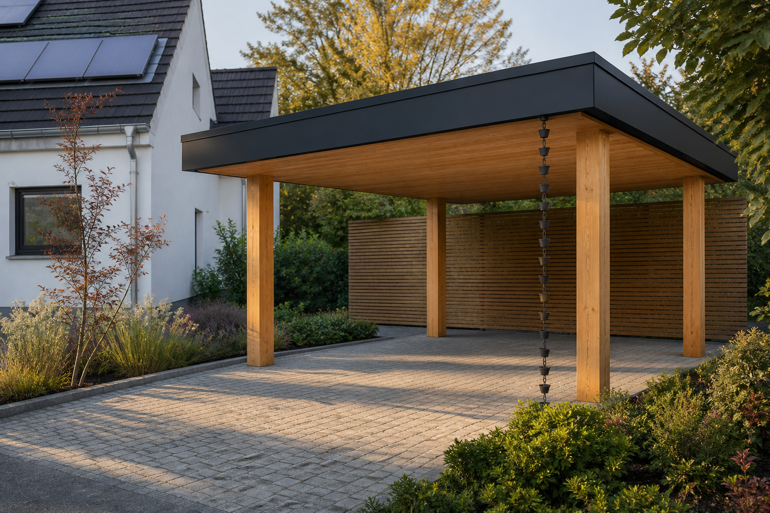 KI-generiertes Symbolbild: Leerer Holzcarport mit Flachdach an einem Wohnhaus.