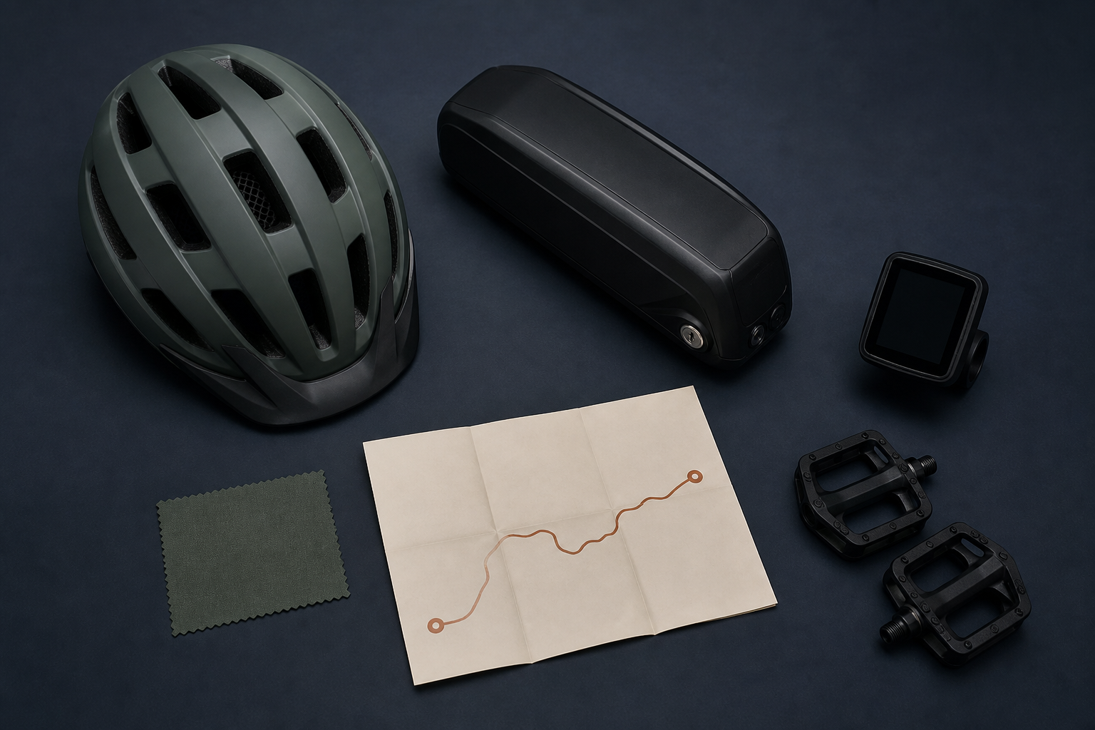 KI-generiertes Symbolbild: Fahrradhelm, E-Bike-Akku, Display und Pedale neben einer stilisierten Routenkarte.