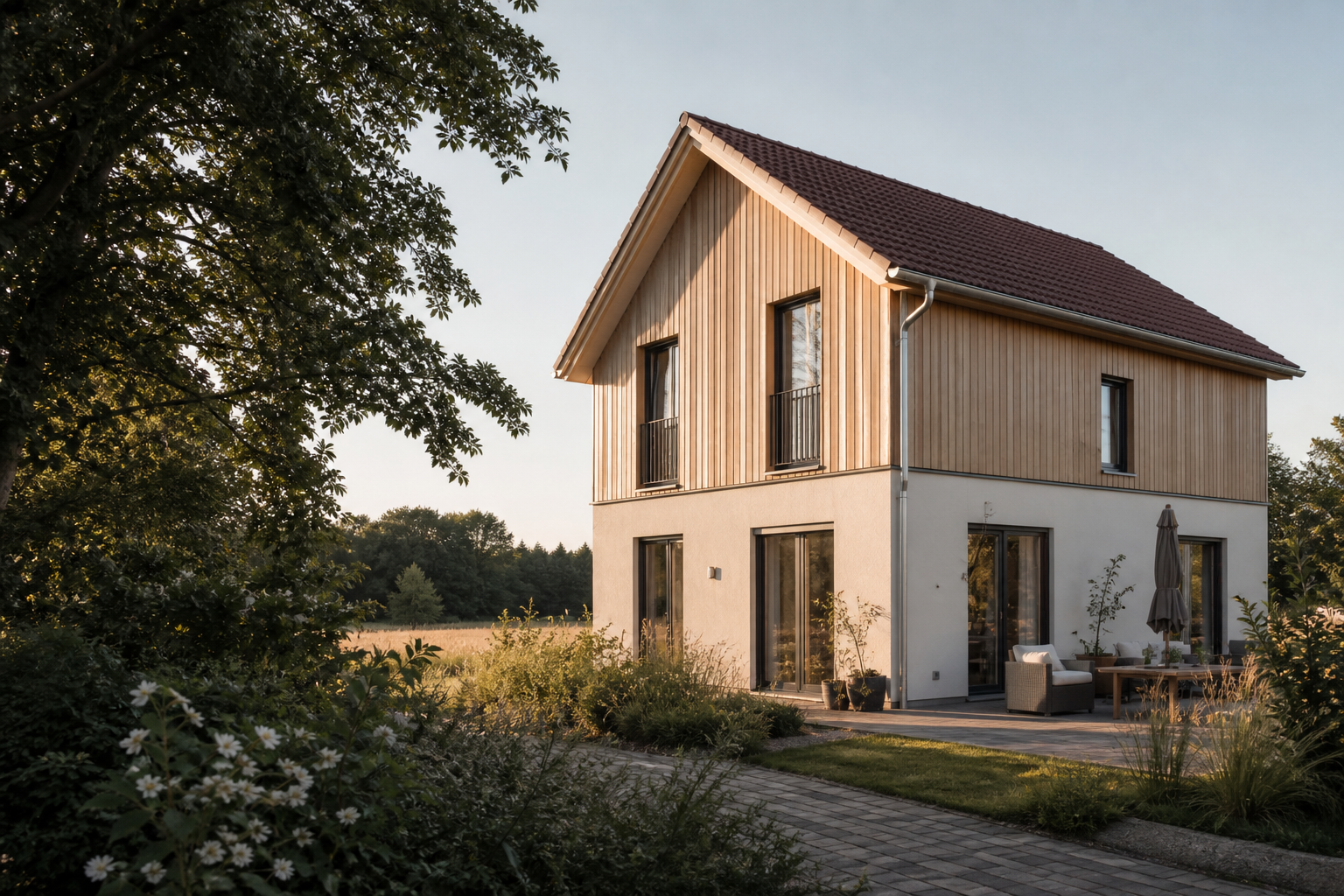KI-generiertes Symbolbild: Freistehendes Wohnhaus mit Holz- und Putzfassade in einem Garten.