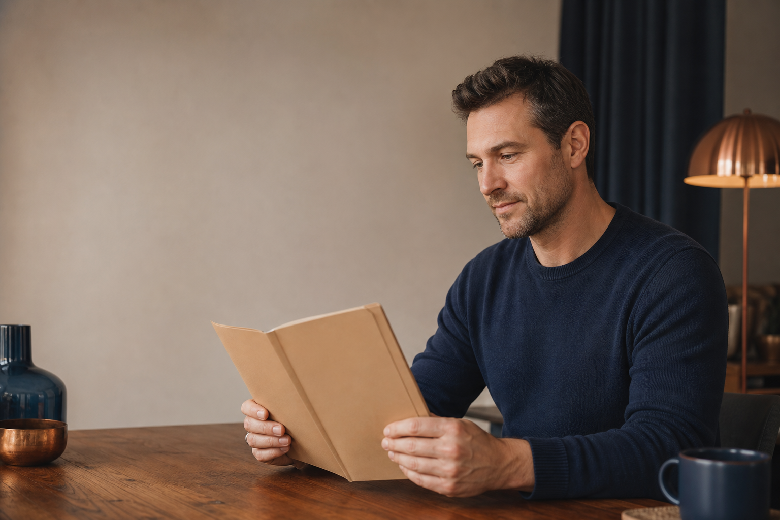 KI-generiertes Symbolbild: Ein Mann mit dichtem braunem Haar liest an einem Holztisch ein unbeschriftetes Buch.