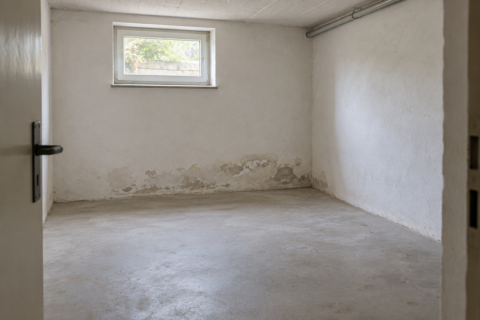 Beispiel eines Kellerraums mit sichtbarem Wand-Boden-Anschluss und Putzschäden