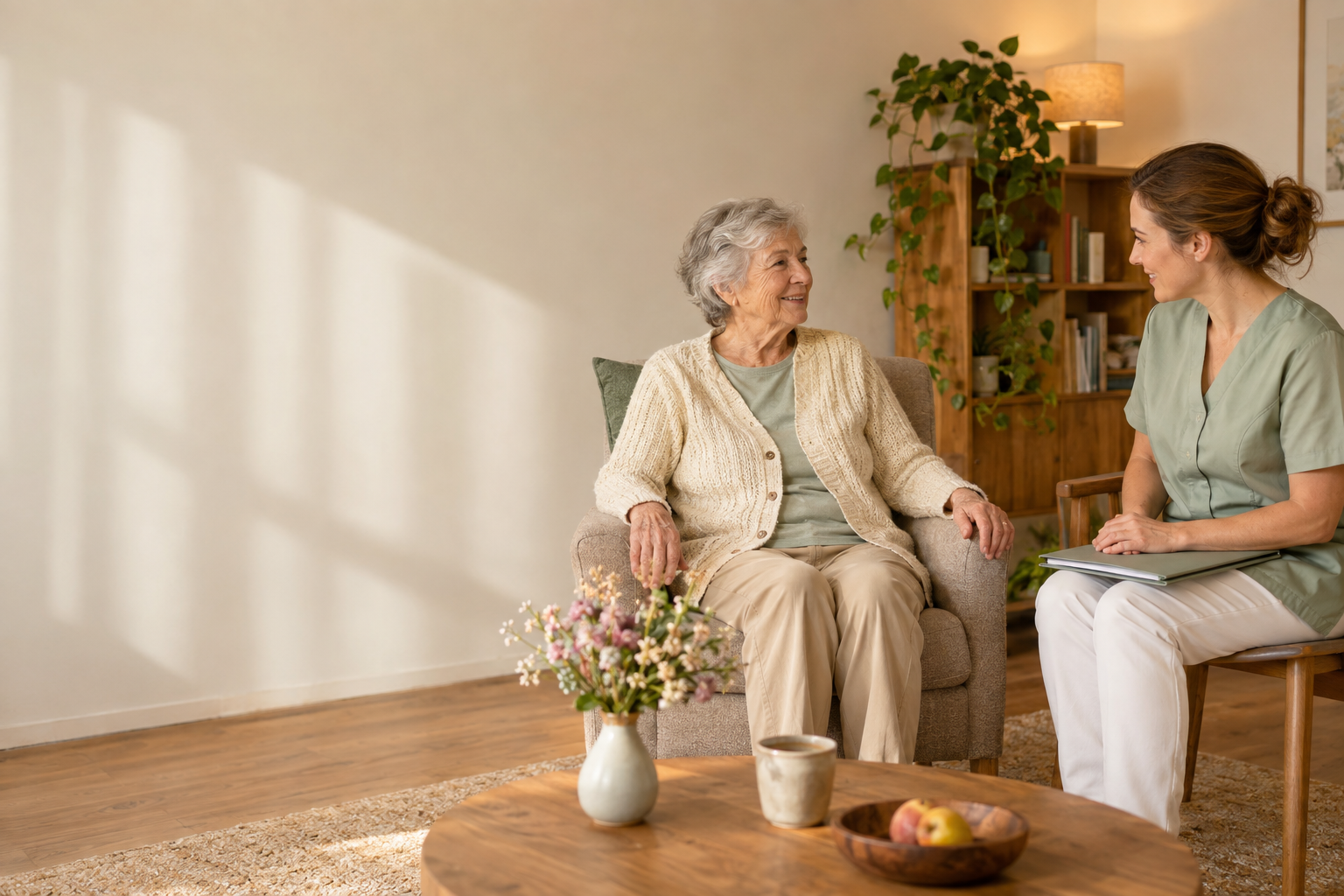 KI-generiertes Symbolbild: Eine ältere Frau spricht zu Hause mit einer Betreuungsperson.