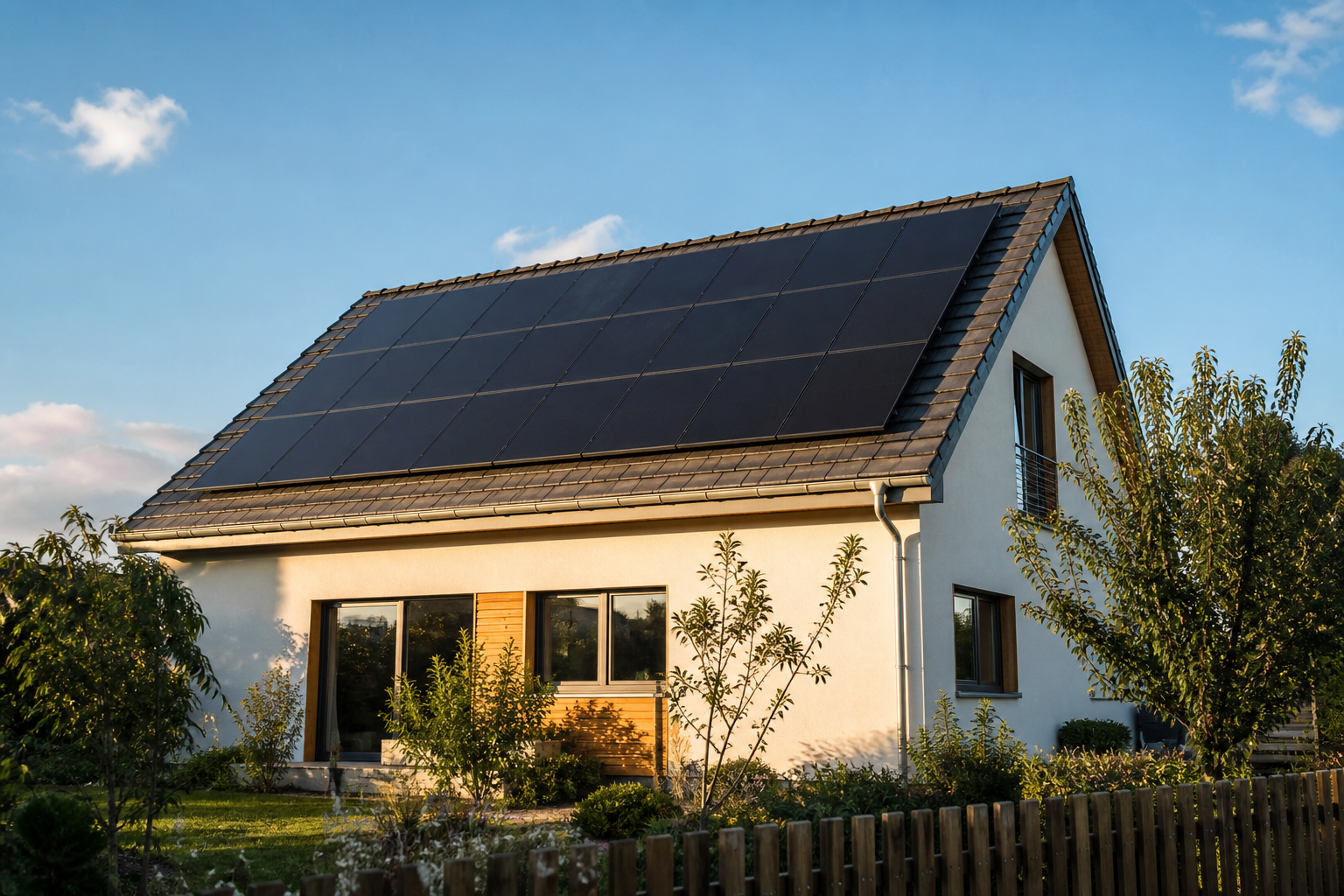 KI-generiertes Symbolbild: Wohnhaus mit Photovoltaikmodulen auf einem geneigten Dach.
