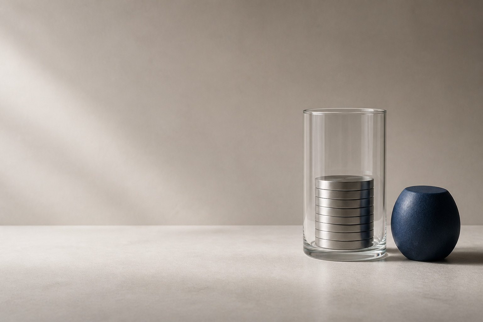 KI-generiertes Symbolbild: Ein Glaszylinder mit neutralen Metallscheiben als abstraktes Sparmotiv.