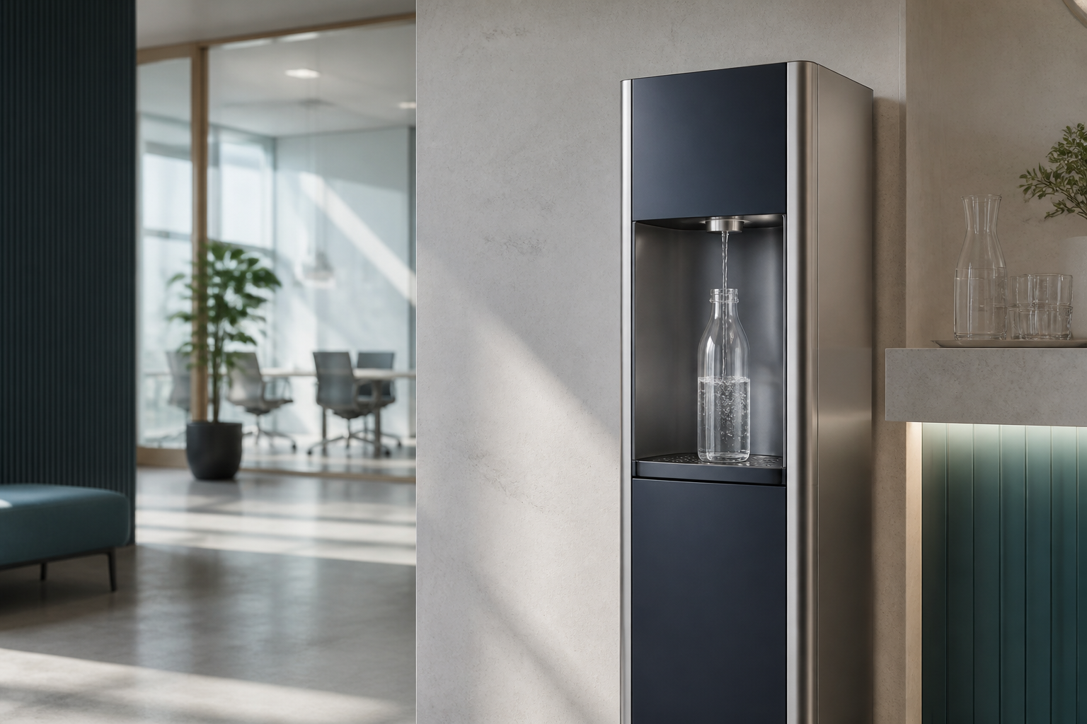 KI-generiertes Symbolbild: Ein unbeschrifteter Wasserspender füllt in einer Büroumgebung eine Glasflasche.