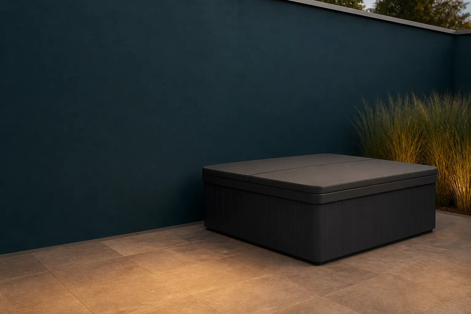 KI-generiertes Symbolbild: Geschlossener Outdoor-Whirlpool auf einer angelegten Terrasse.
