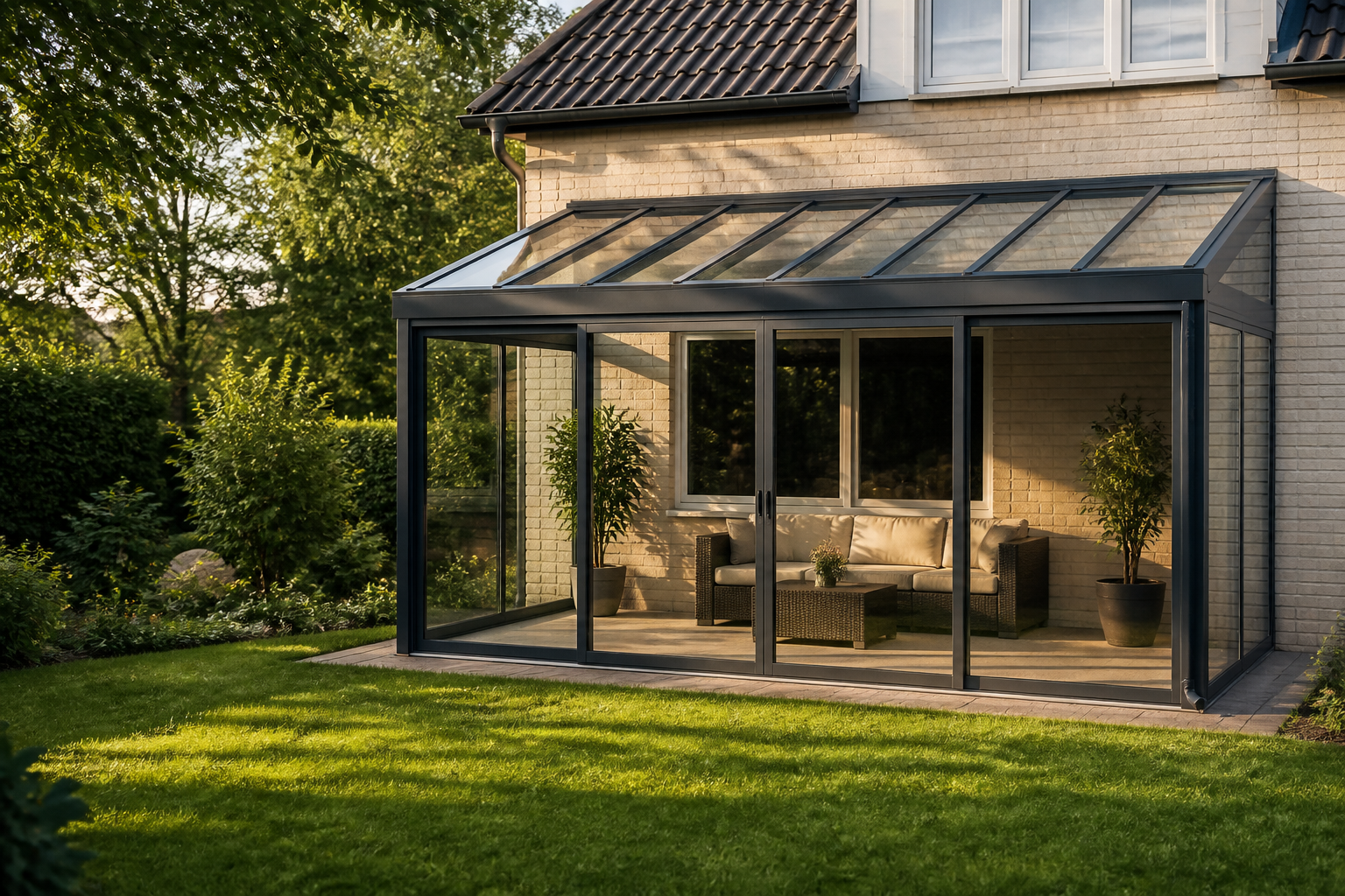 KI-generiertes Symbolbild: Verglaster Wintergarten mit geneigtem Glasdach an einem Wohnhaus.